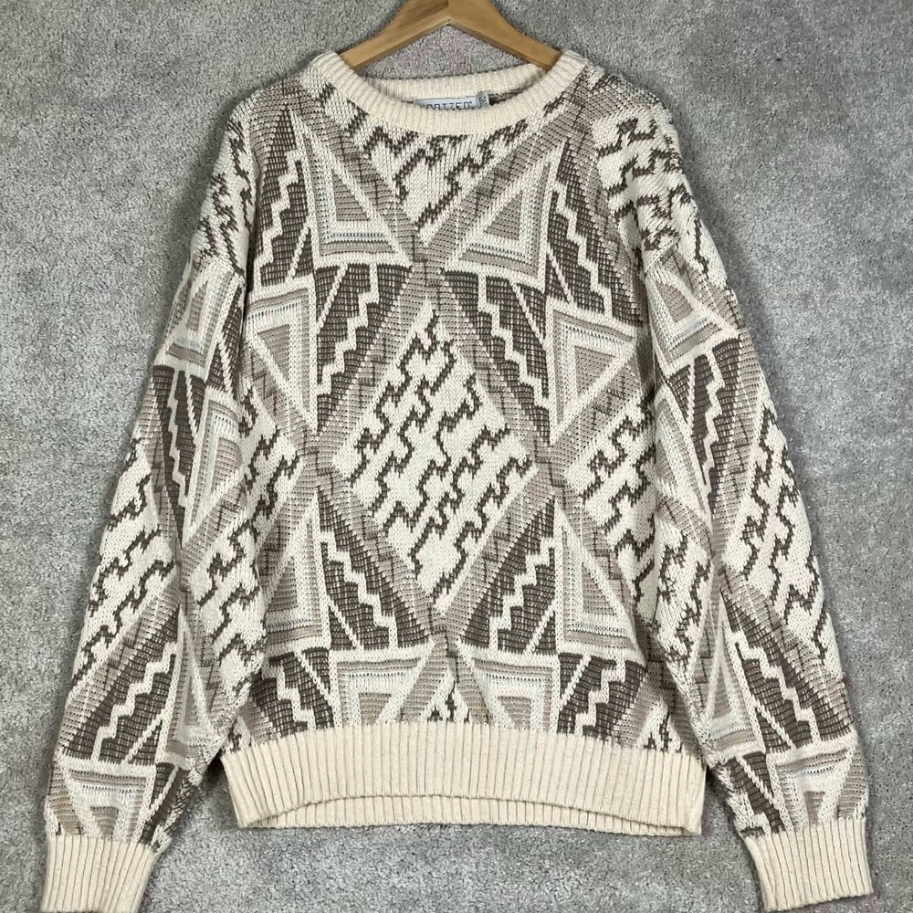 Vintage Jantzen Sweater Mens XL Beige Geometric Abstract Knit Crewneck USA Made